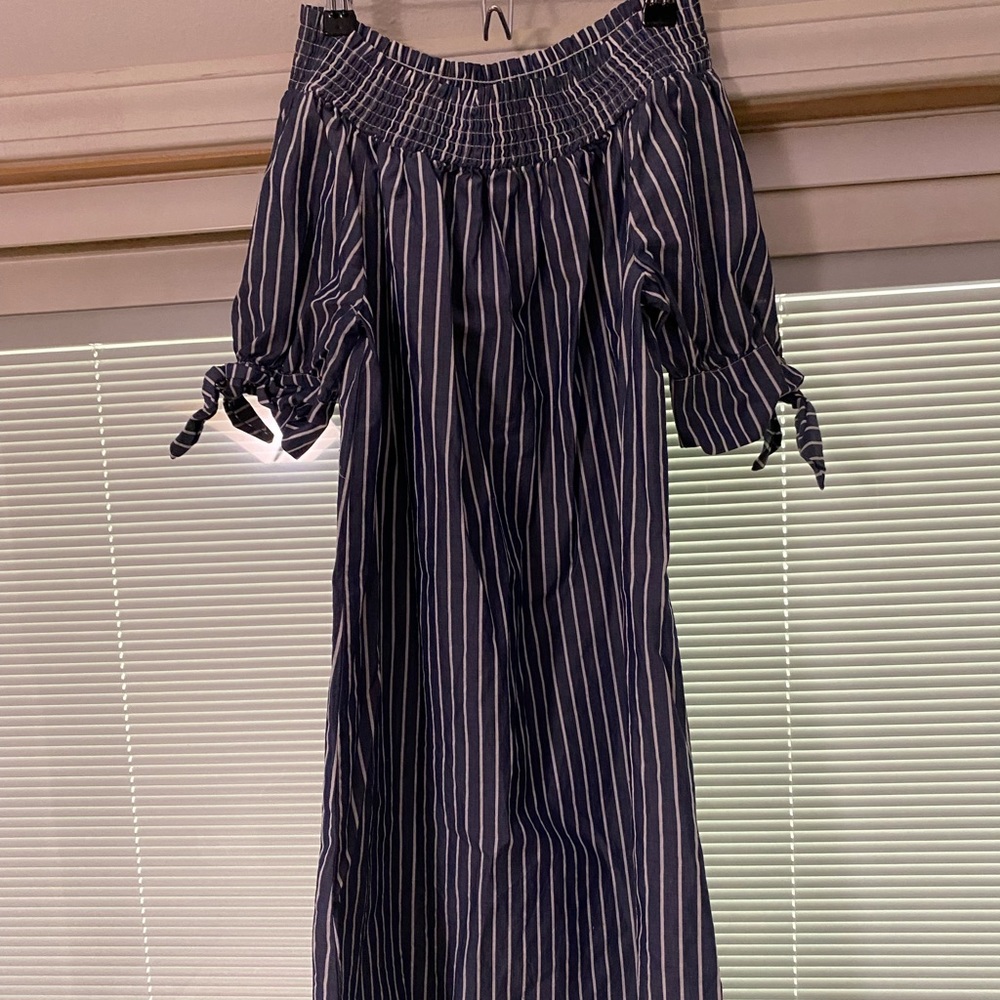 Blue and White Striped Dress - off shoulder